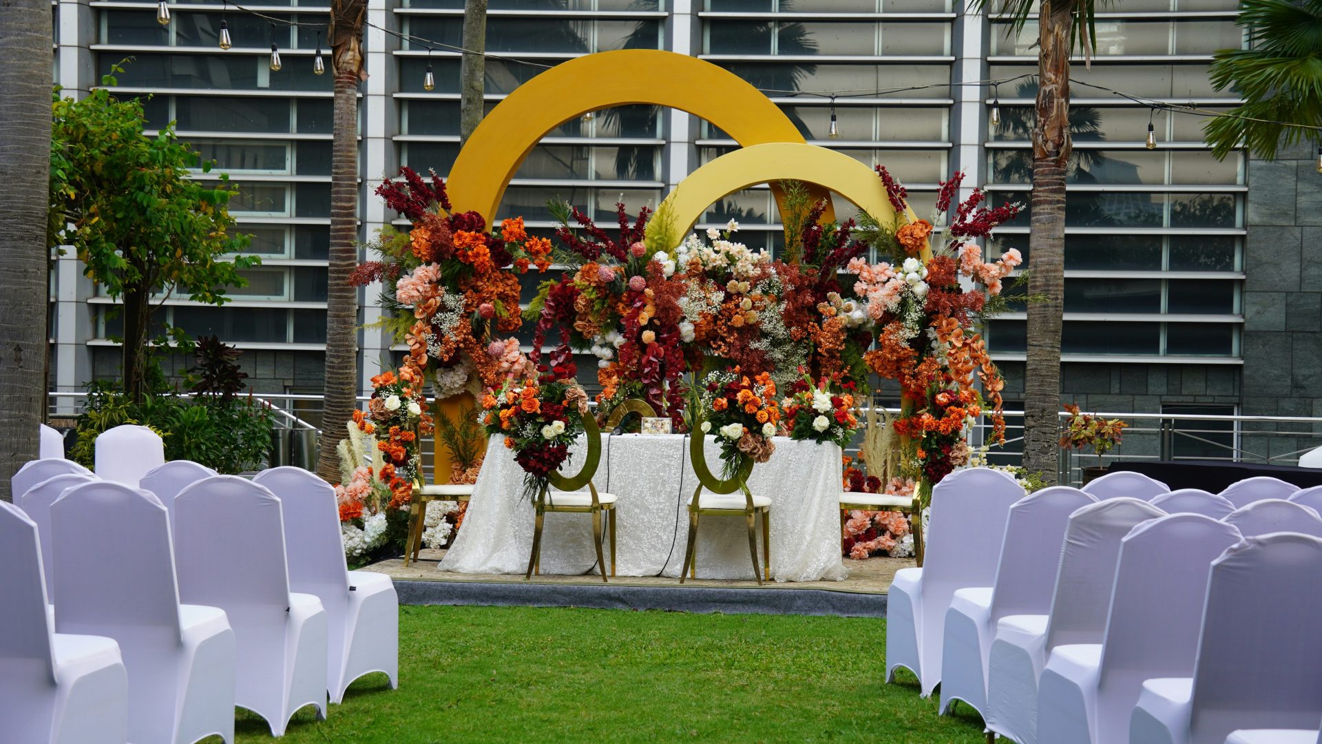 Wedding ceremony setup with beautiful floral arrangements
