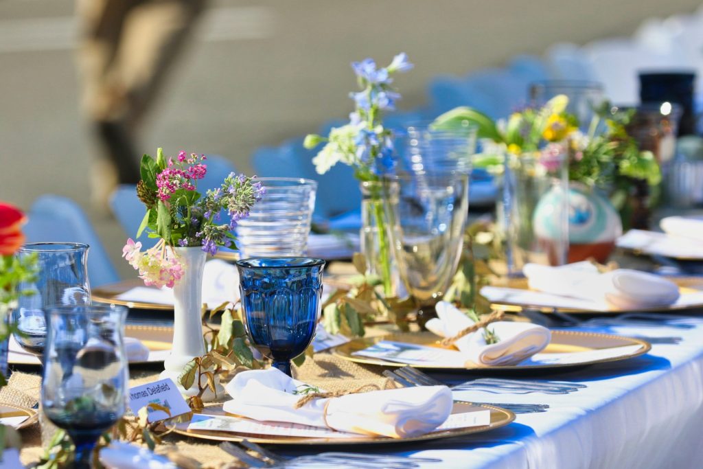 blue drinking glass on table